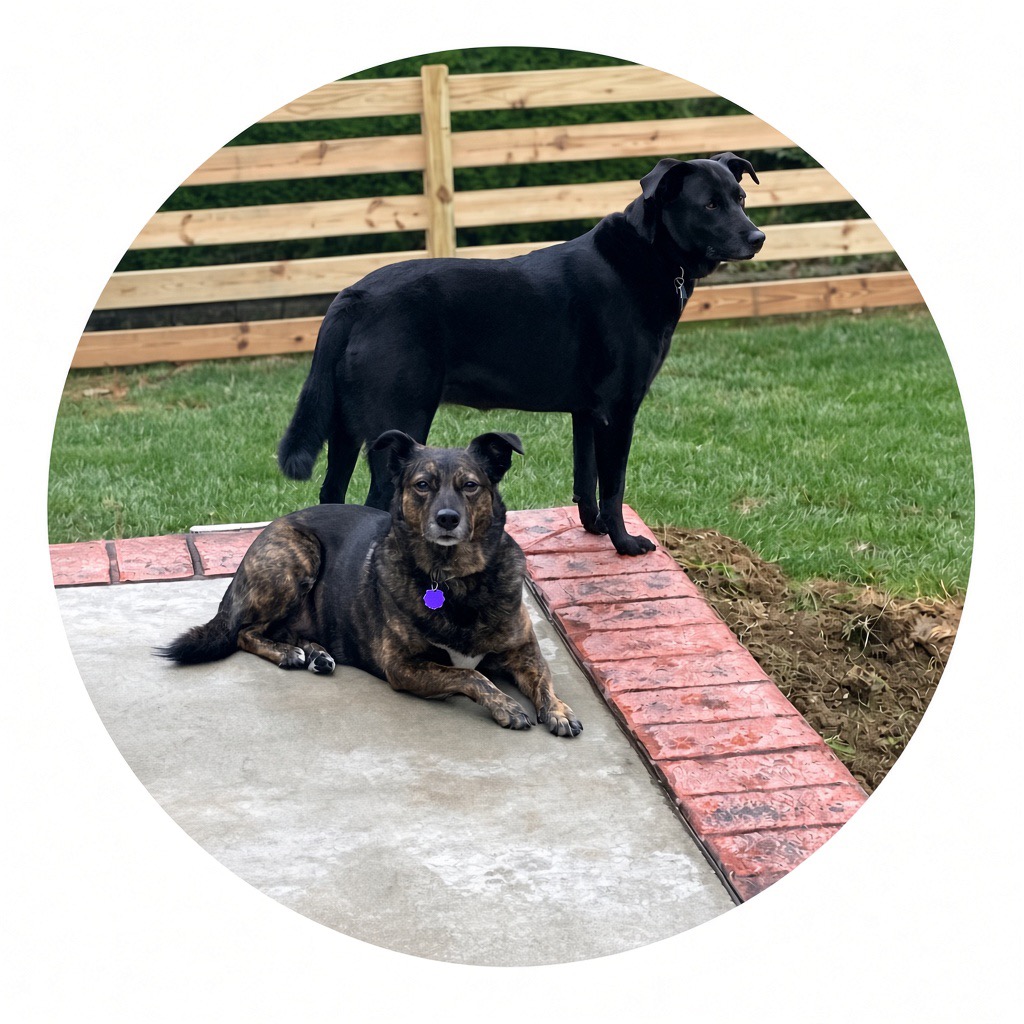 Two dogs outside on a patio